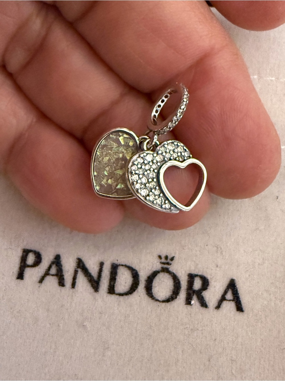 Pandora Silver Double Heart Charm with White Crystal and Iridescent Inlay